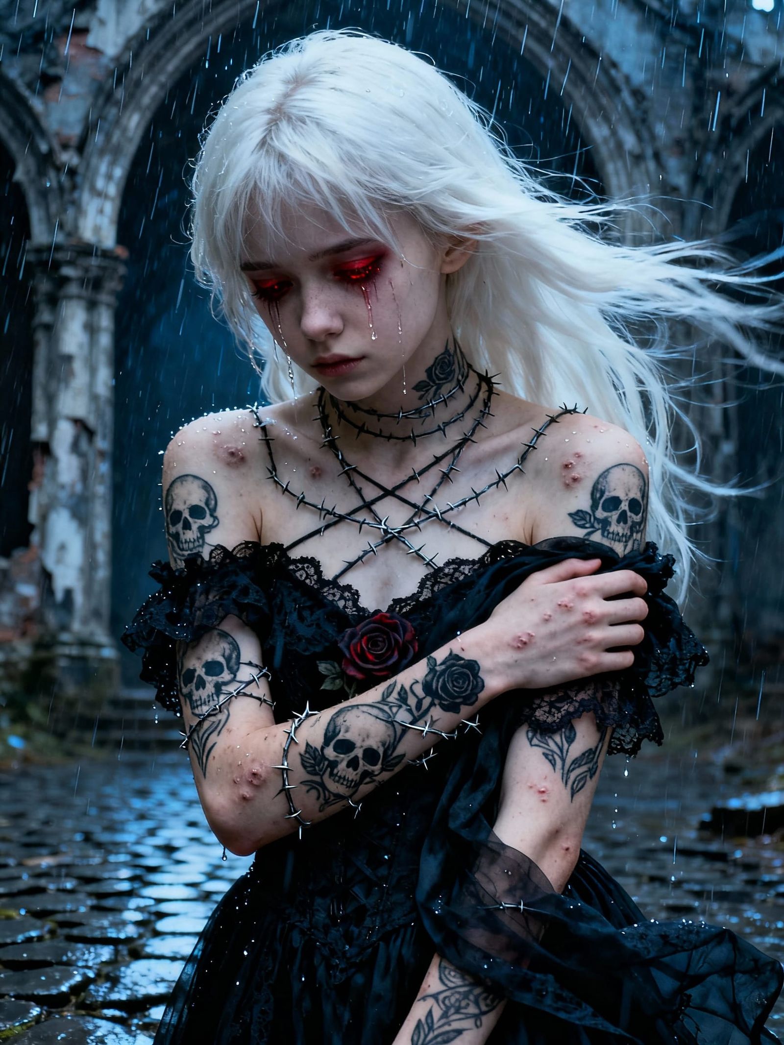Gothic Girl with White Hair and Scars in Rain