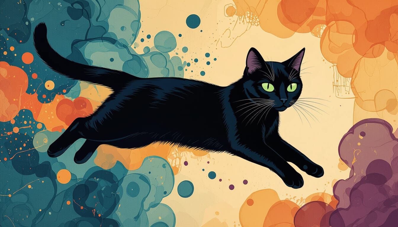 Abstract Surrealist Black Cat Mid-Leap