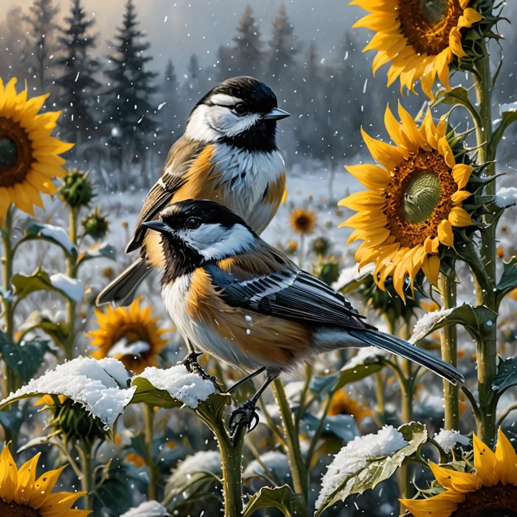Chickadee on Snowy Sunflower Field: Digital Matte Painting