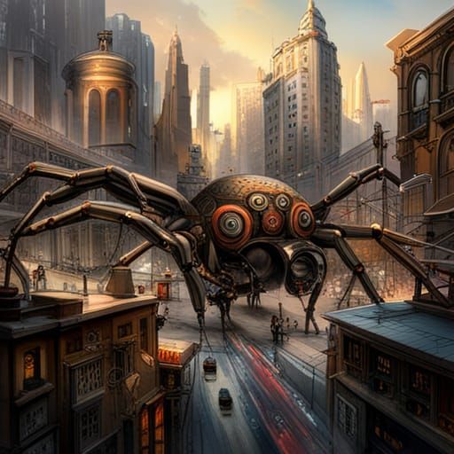 Gigantic Mechanical Spider Crawls Through City