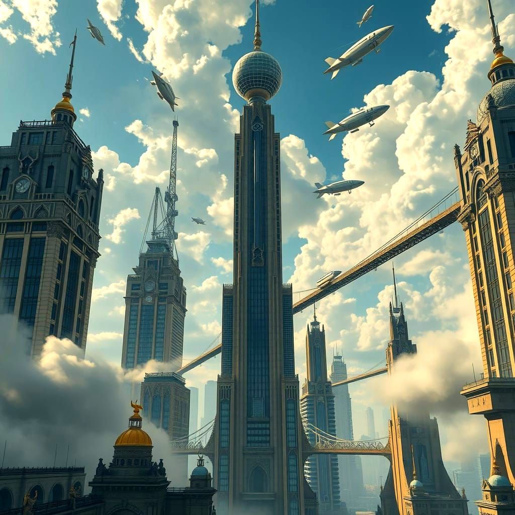 Retrofuturistic Skycloud Cityscape in Art Deco Style