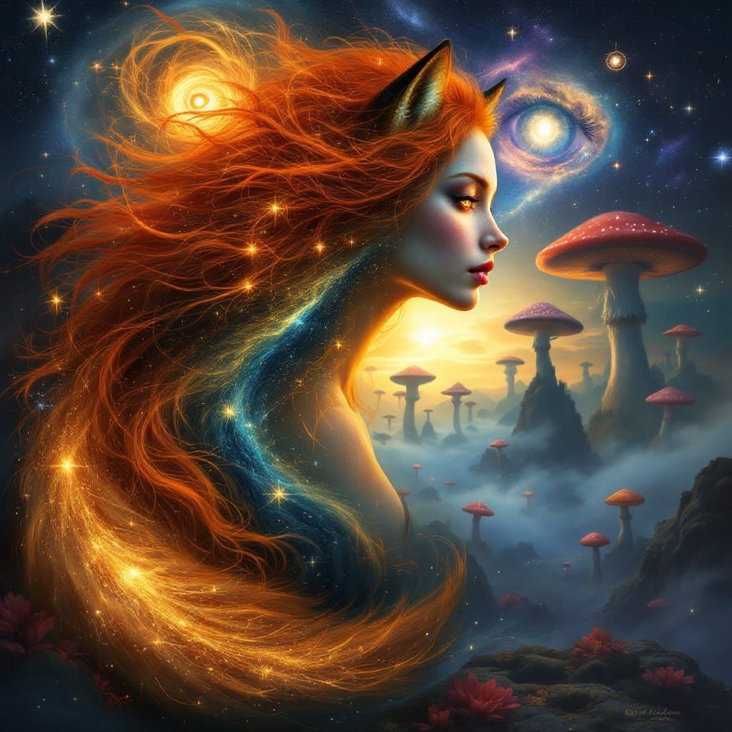 Surreal Goddess Unites with Majestic Fox in Celestial Landsc...