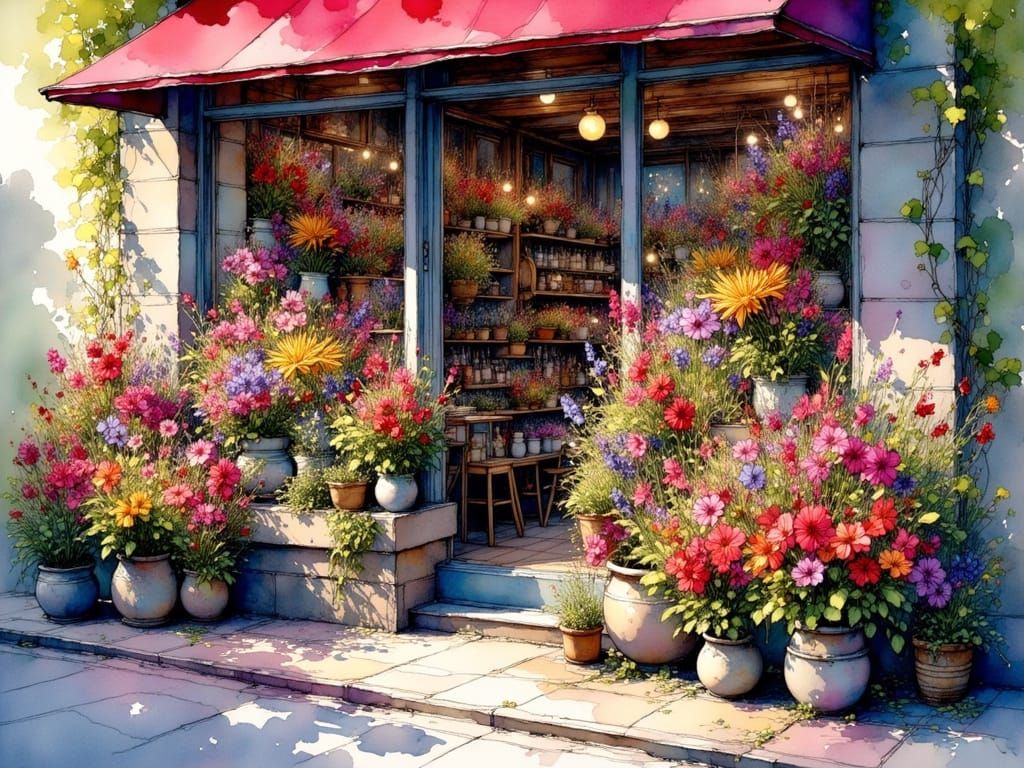 Vibrant Florist Shop in Sunshine, Ink Drawing