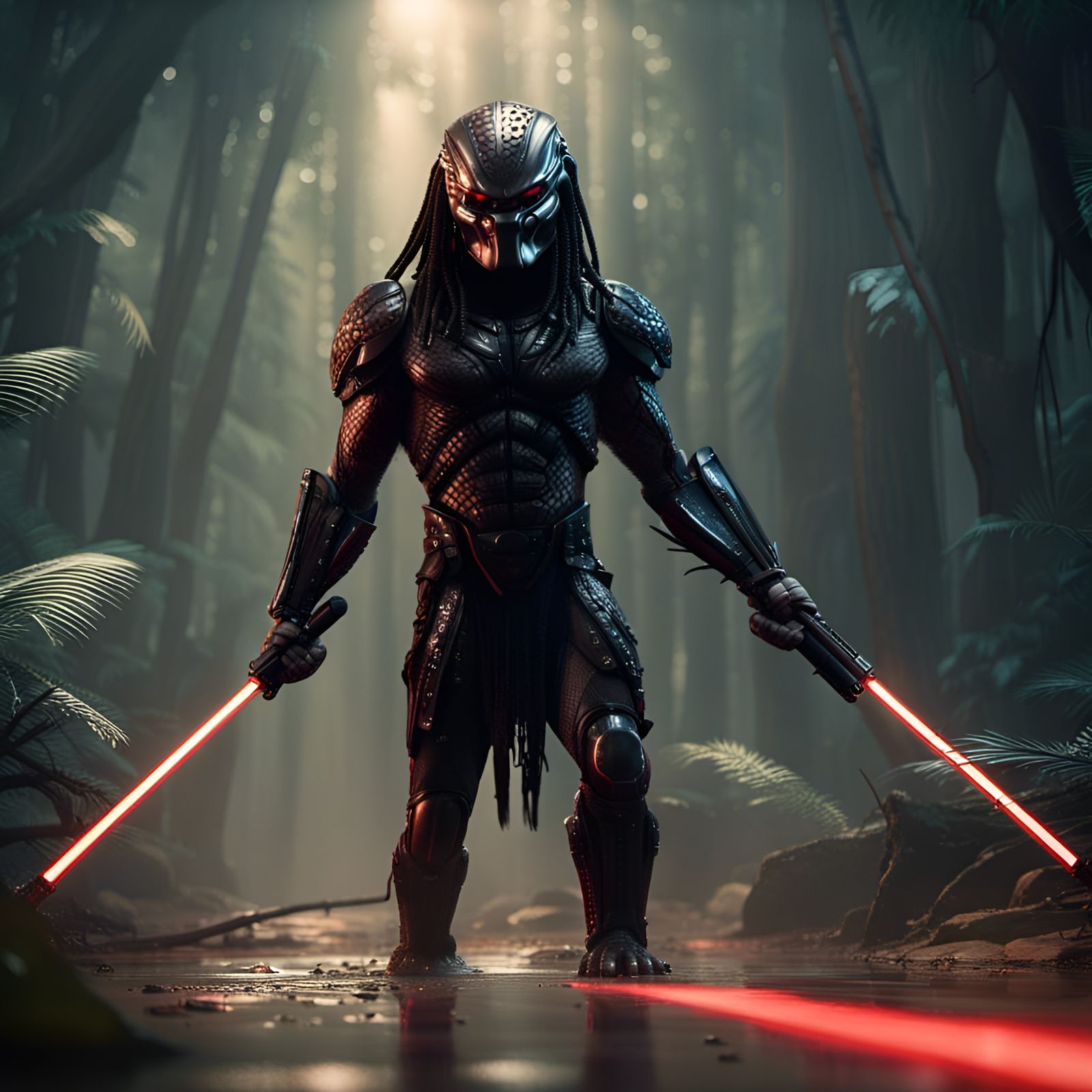 The Movie Predator 2: The Predator carries a Sith Master's Double Light Saber
