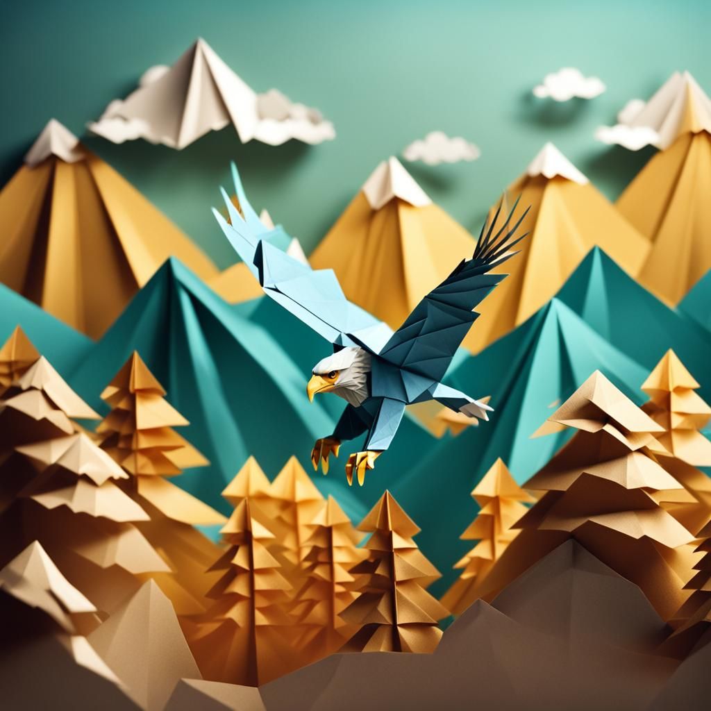 Eagle Flight Over Mountains in Origami Style