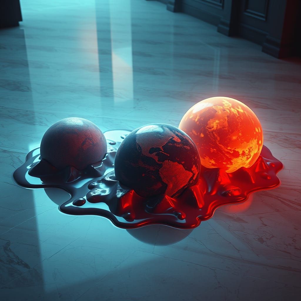 Melting Planets on Marble Floor, Hyperrealistic Image
