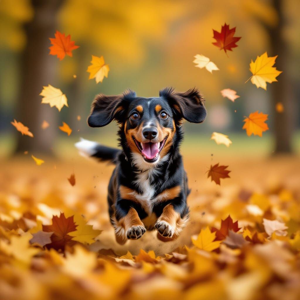 Happy Dachshund Running Through Autumn Leaves