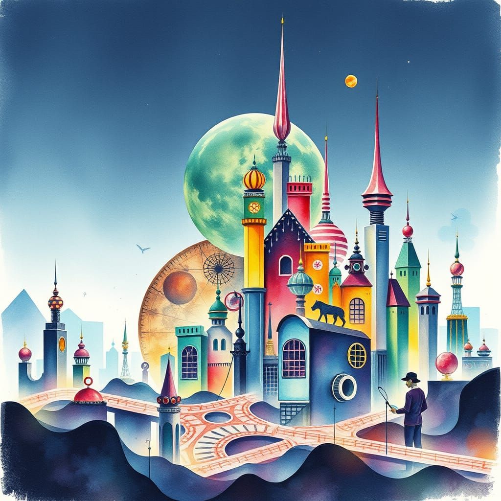Futuristic Origami Cityscape in Vibrant Watercolor