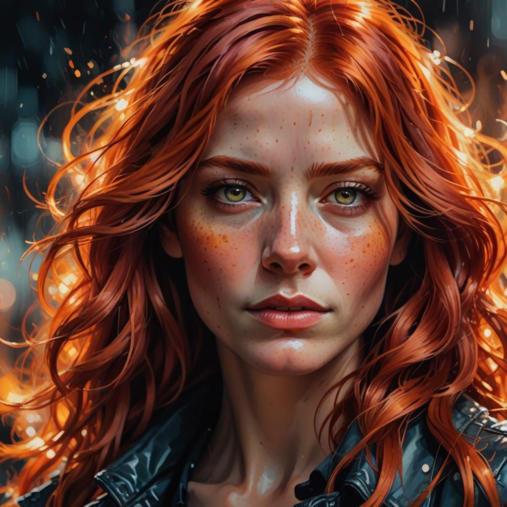 Vibrant Red-Haired Woman in Painterly Digital Art