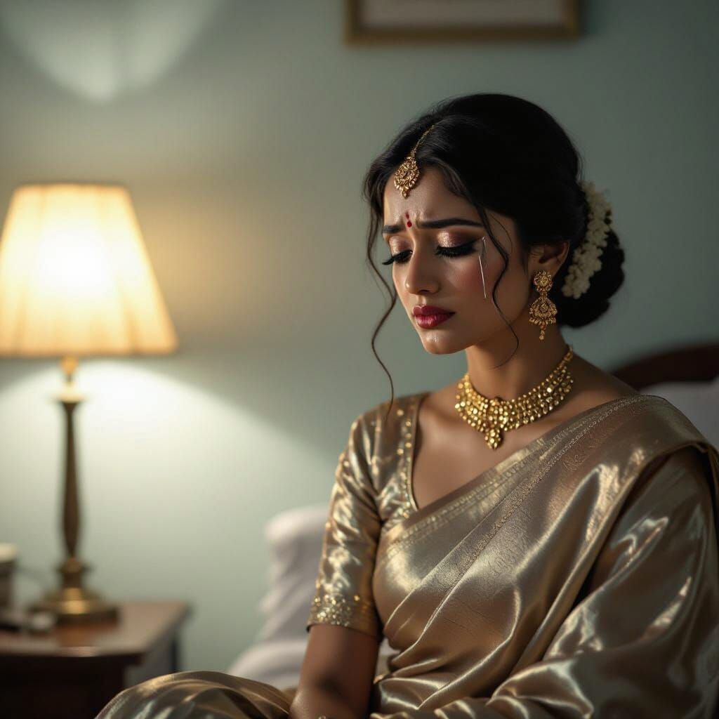 Emotional Conflict: Person in Saree with Removed Makeup