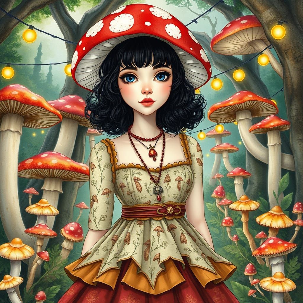 Woman in Whimsical Mushroom Garden Party Attire