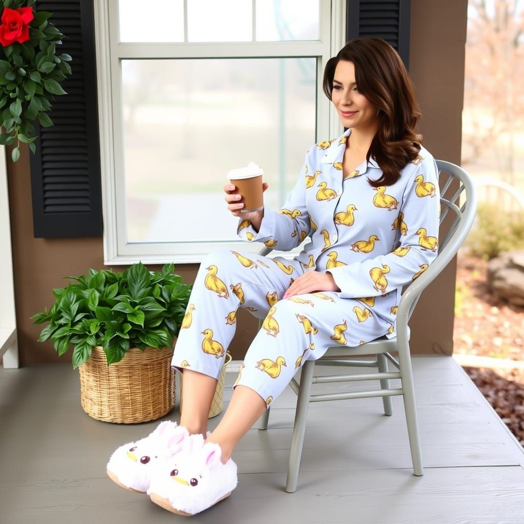 Woman in Pajamas Sipping Coffee on Porch