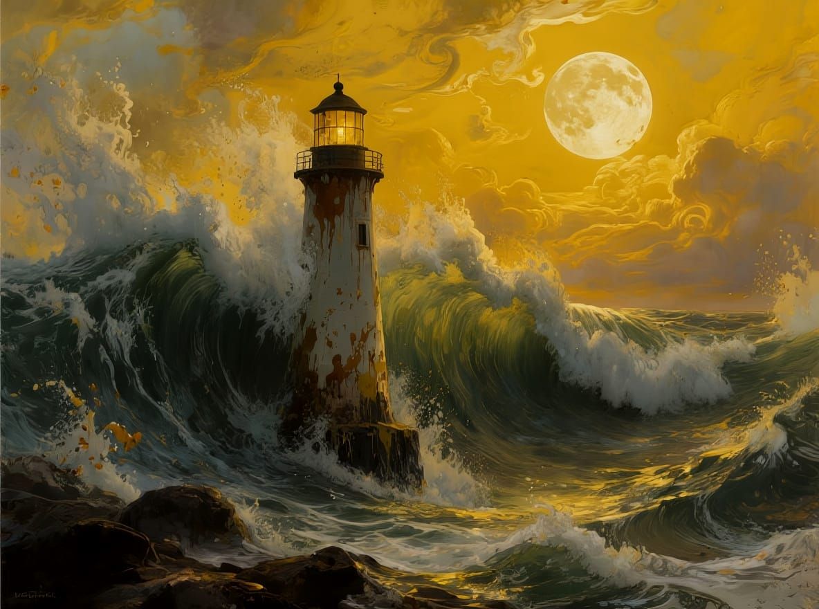 Lighthouse Battles Colossal Wave Under Full Moon