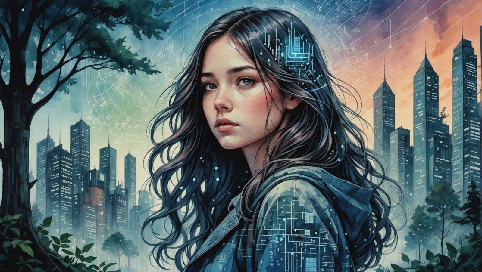 Girl in Digital Forest: Pen, Watercolor, and Code