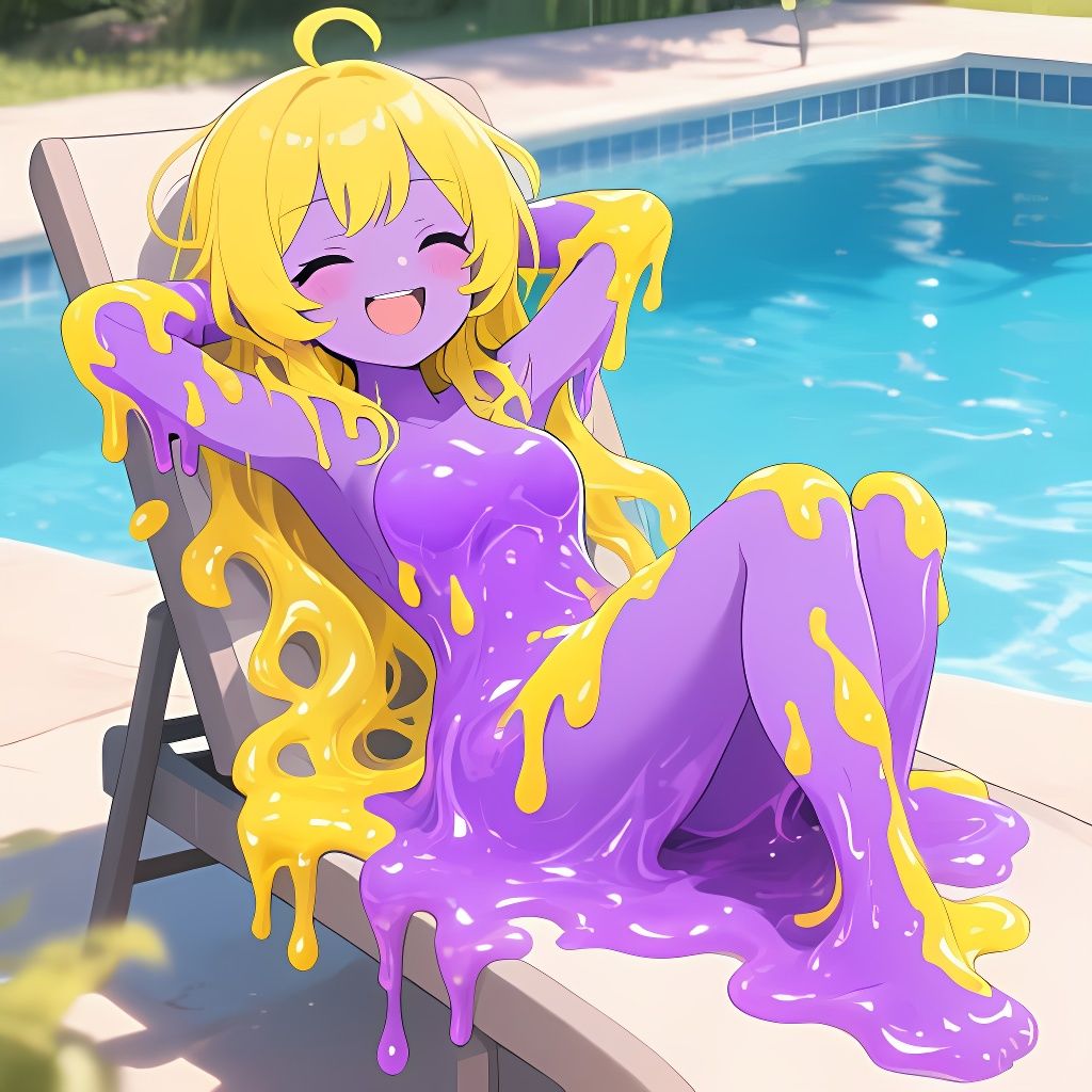Violet and Yellow Slime Waifu Lounging by Pool