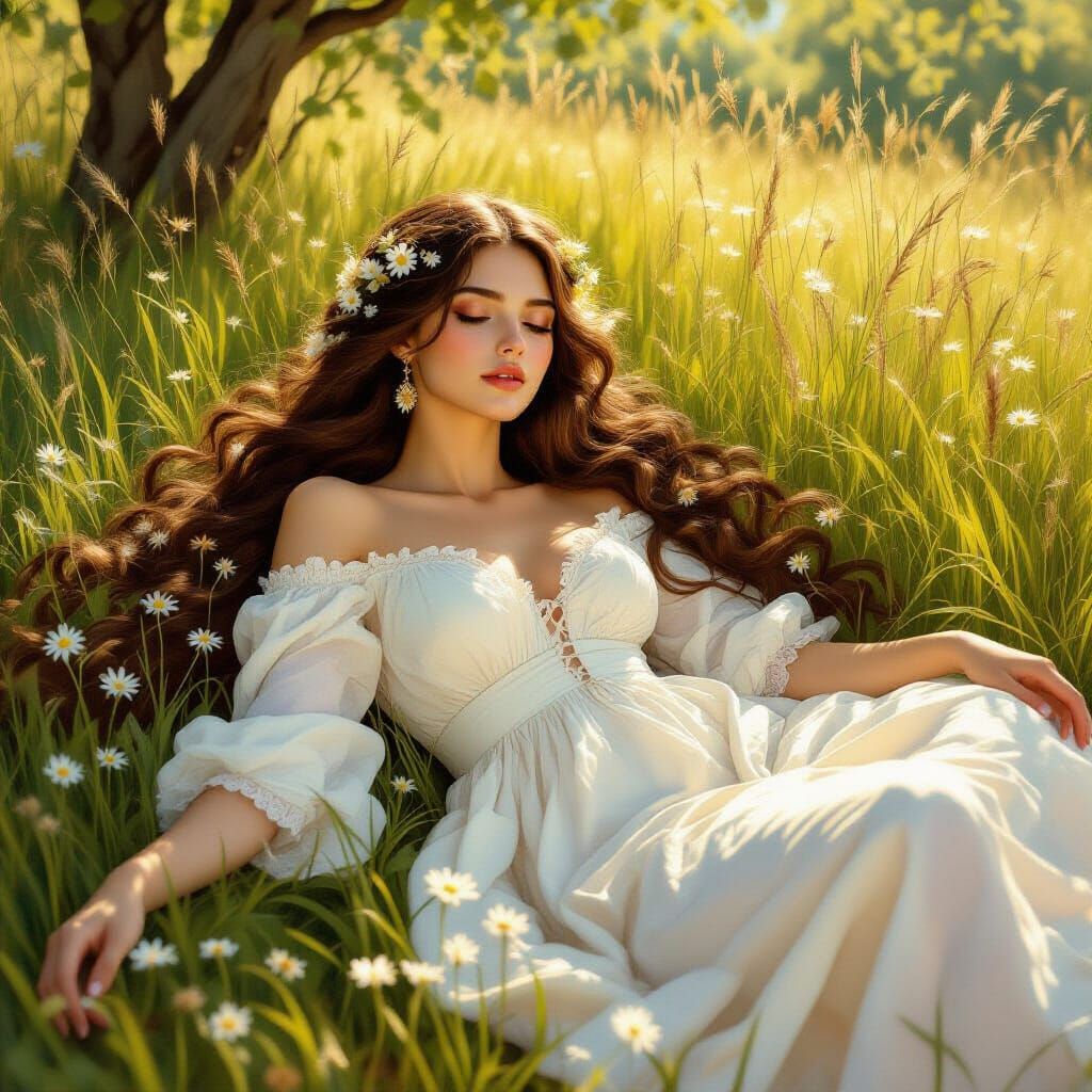 Woman in Wildflower Field: Pre-Raphaelite Style