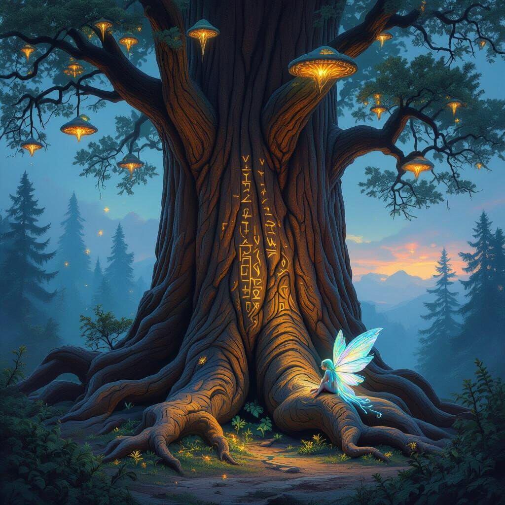 Sentient Redwood Tree with Rune Bark and Forest Spirit