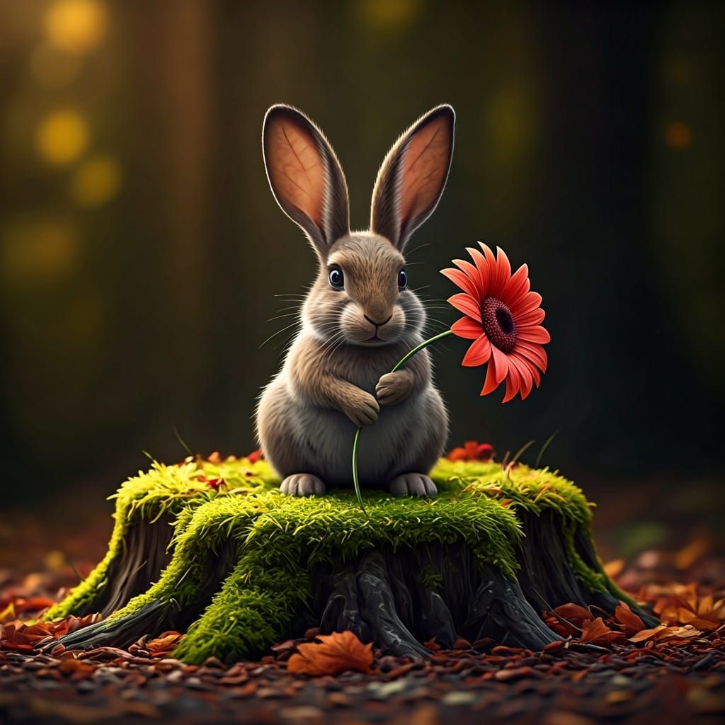 Rabbit in Autumnal Forest with Flower: Matte Painting