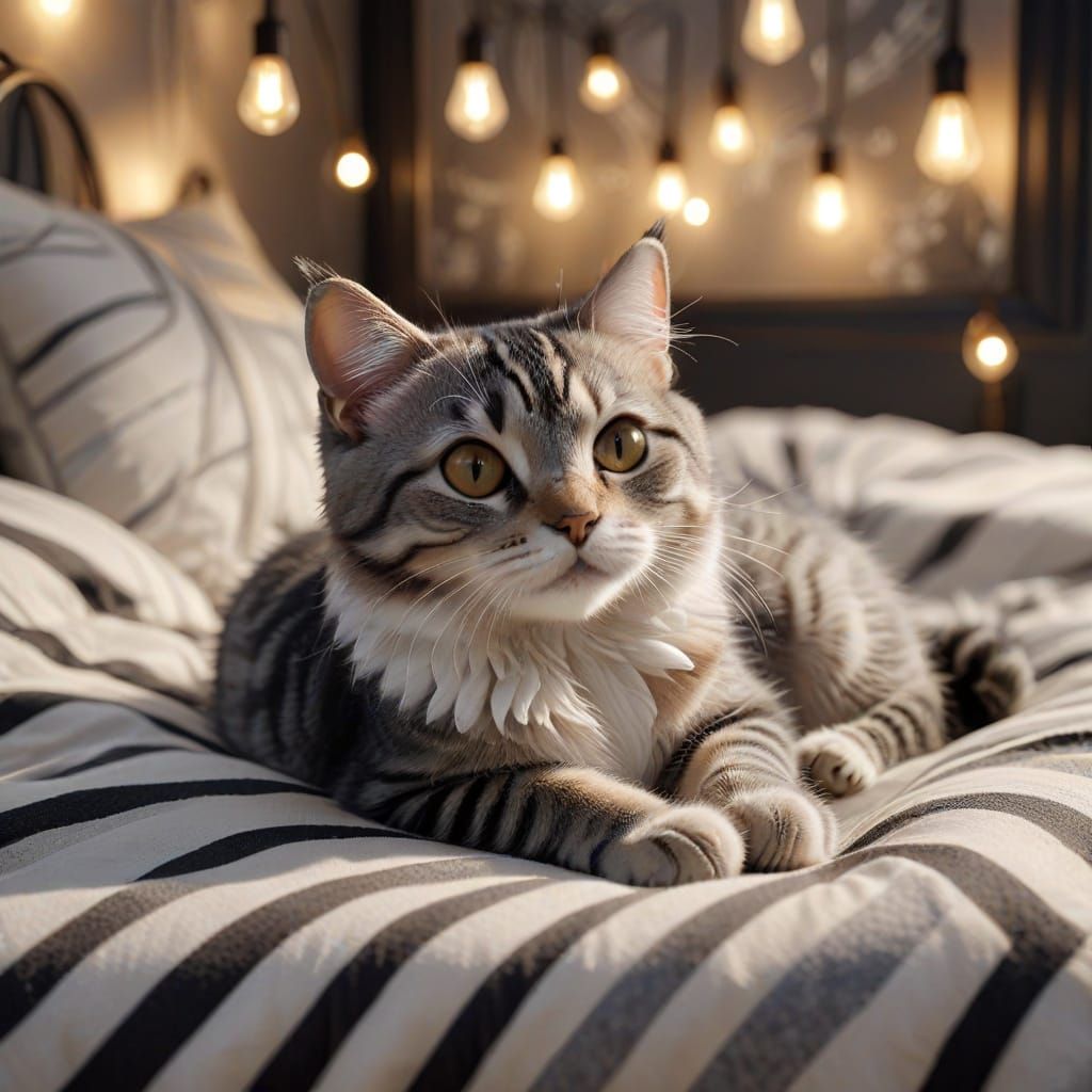 Whimsical Chibi Cat in a Cozy Black and White Striped Paradi...