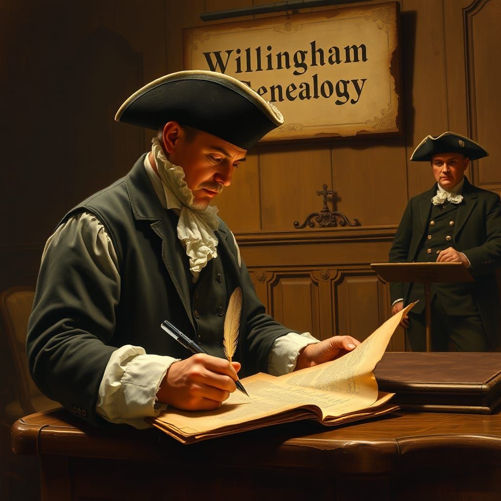 Colonial Minuteman Signs Document in Courtroom Painting