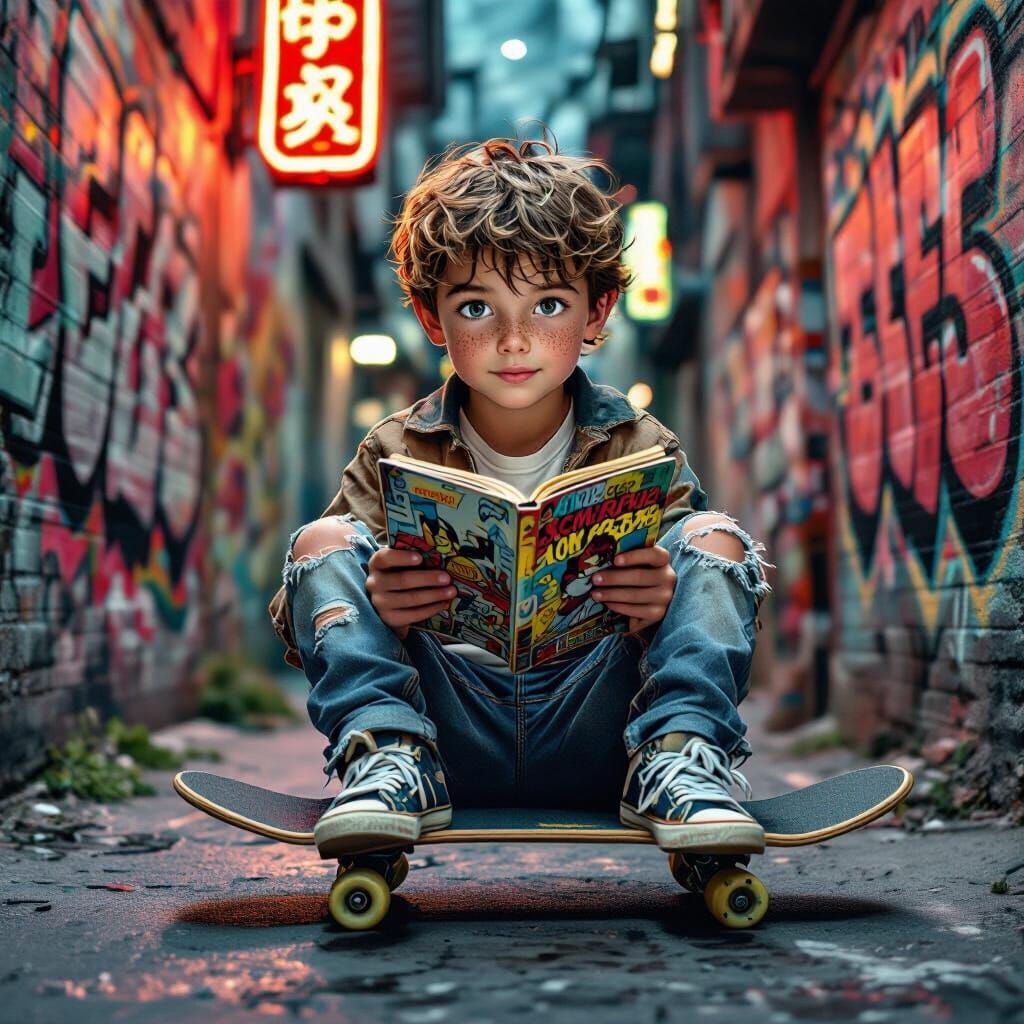 Boy on Skateboard in Neon-Lit Alleyway Art