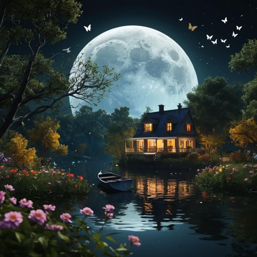 Moon with Birds and Silhouetted Trees in 64k