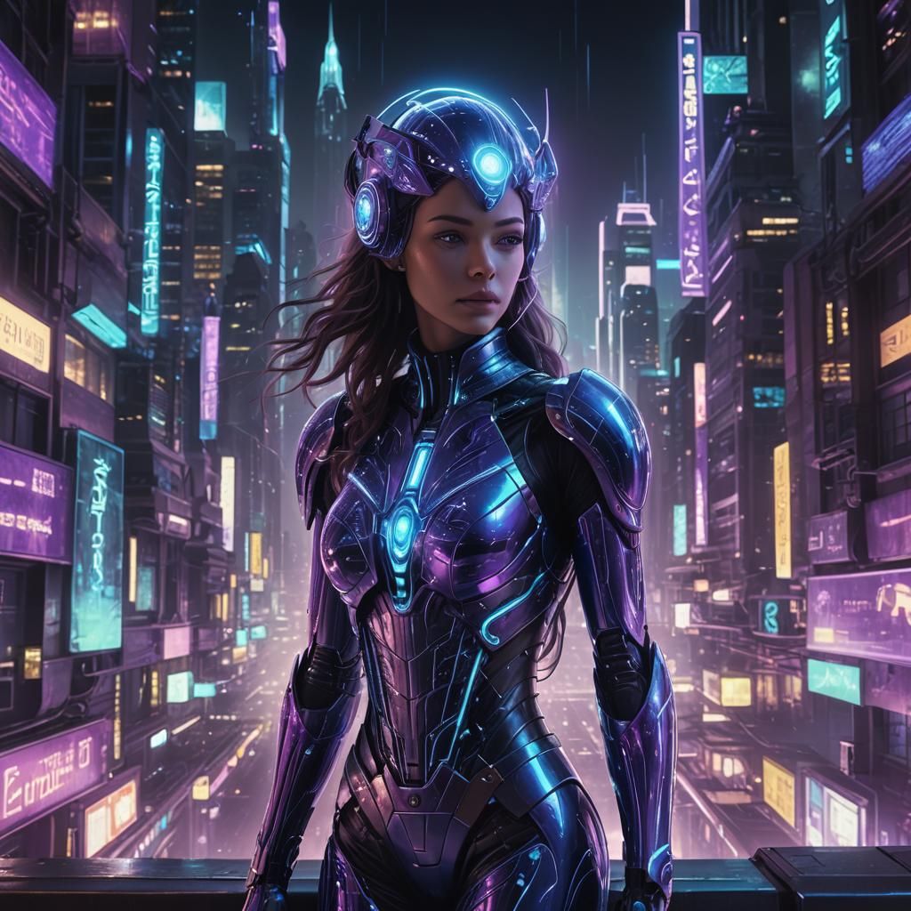 Ethereal Pleiadian Starseed in Neon Cyberpunk Cityscape