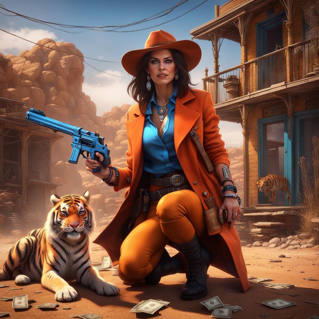 Female Criminal in Desert Ghost Town with Tiger