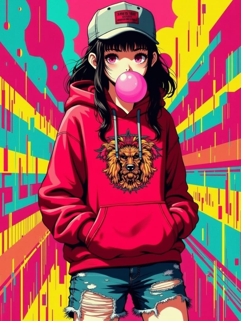 Vibrant Street Art Girl Blows Pink Bubblegum
