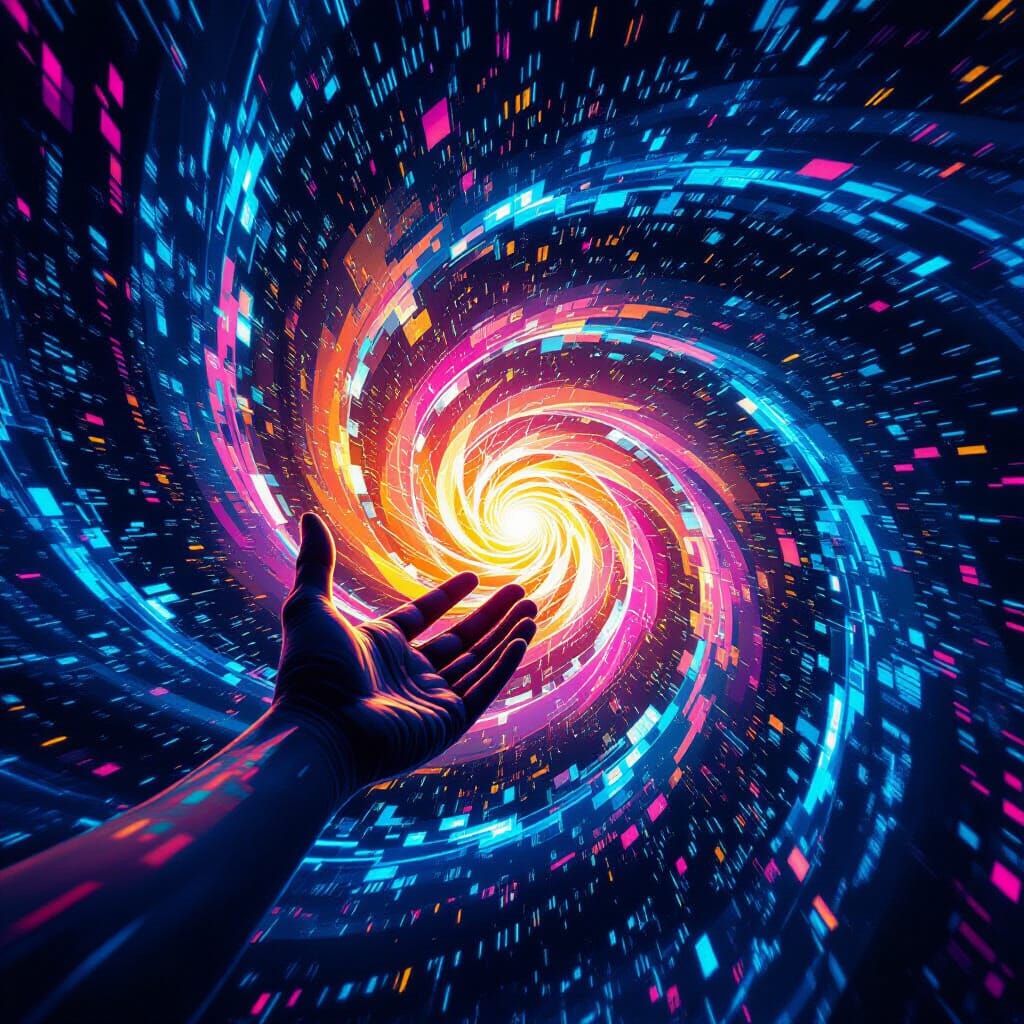 Hand Emerging From Swirling Digital Vortex