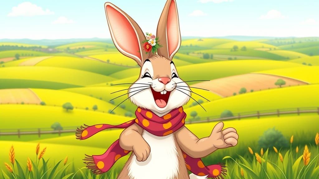 Happy Bunny with Floral Crown Gazing Over Green Fields