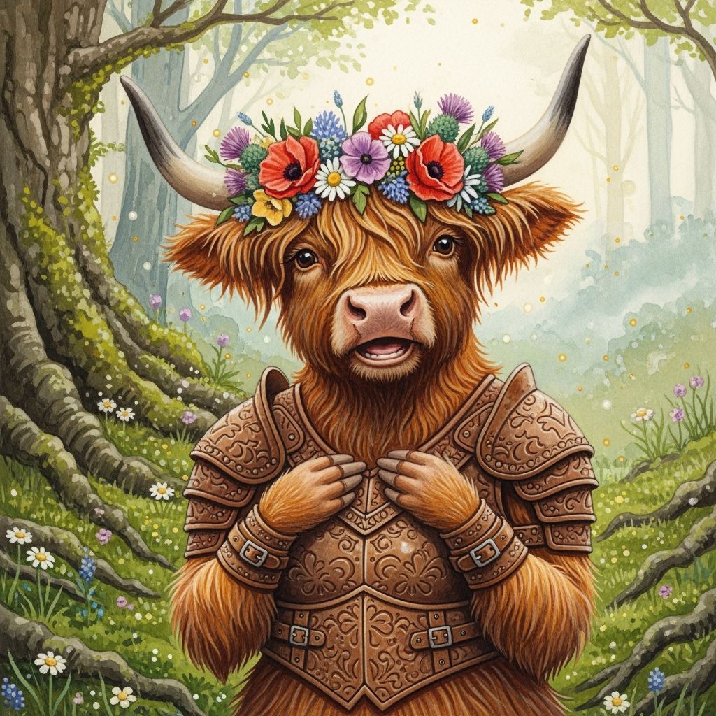 Anthropomorphic Highland Cow in Whimsical Gouache Style