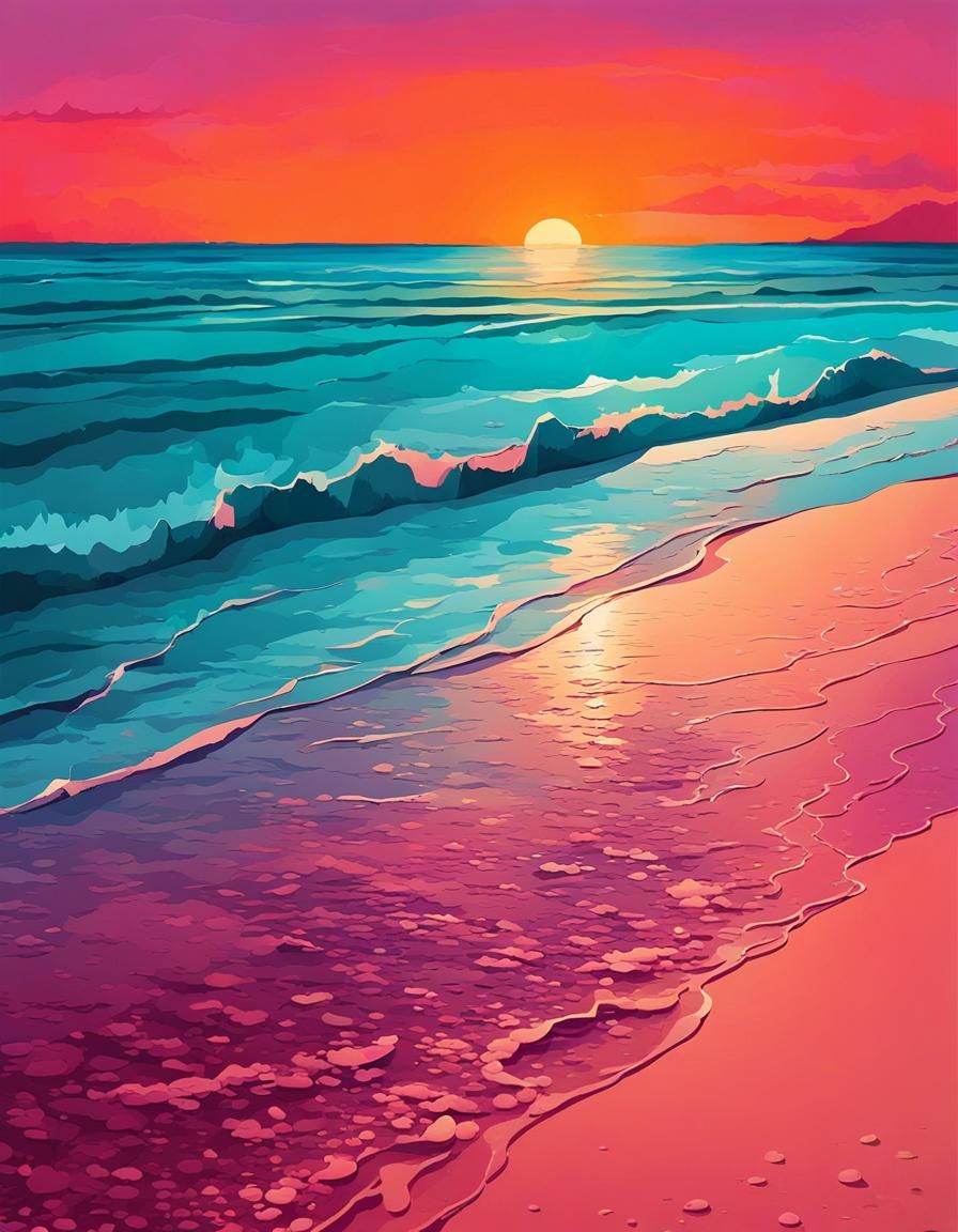 Colorful Beach Sunset in Cel-Shaded Cartoon Style