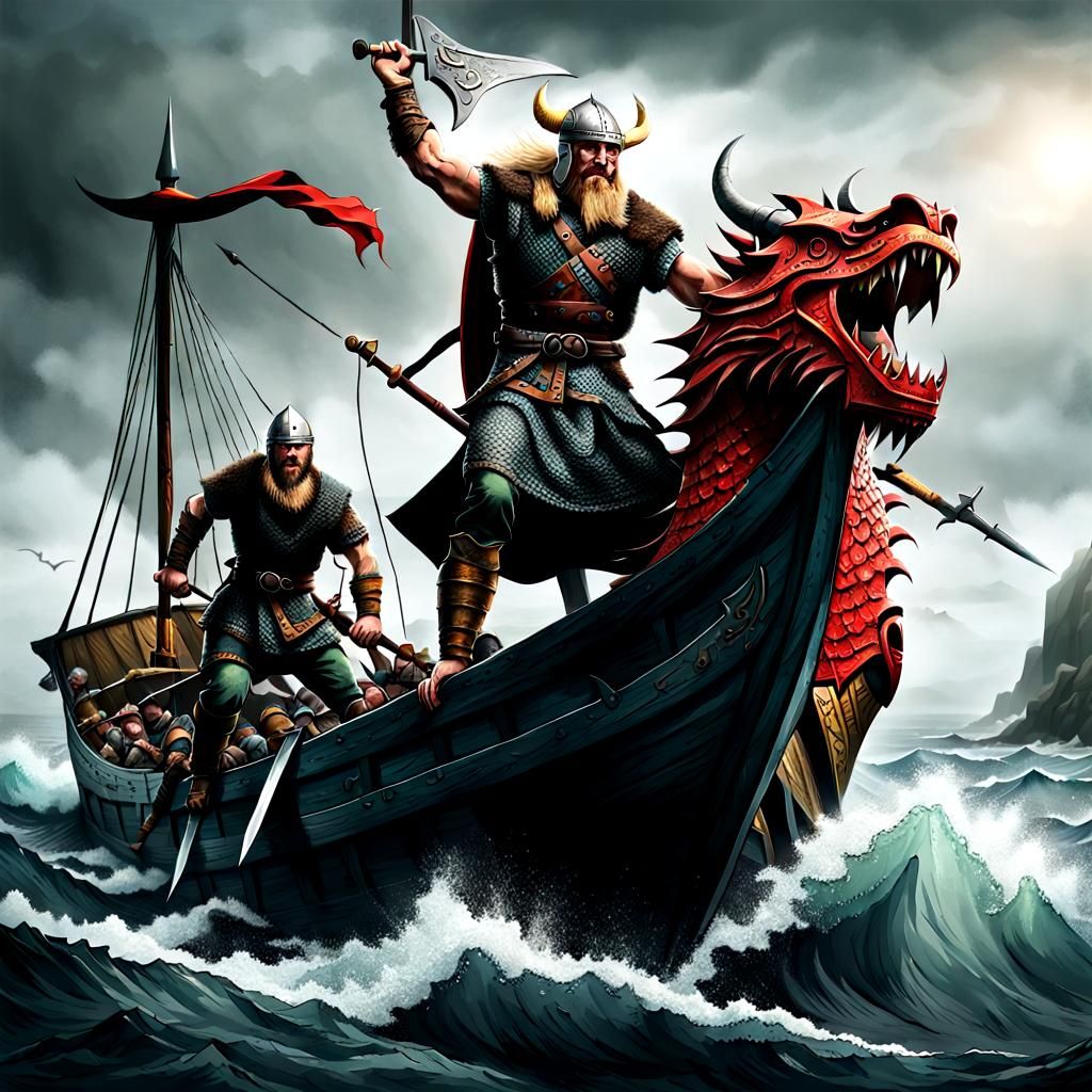 Viking Warrior Slaying Dragon in Sea Battle
