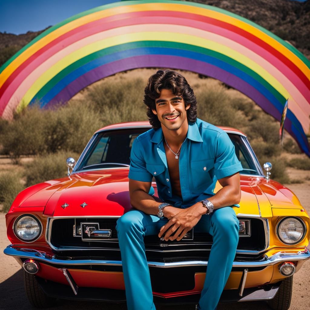 Handsome Man with his Rainbow Muscle Car