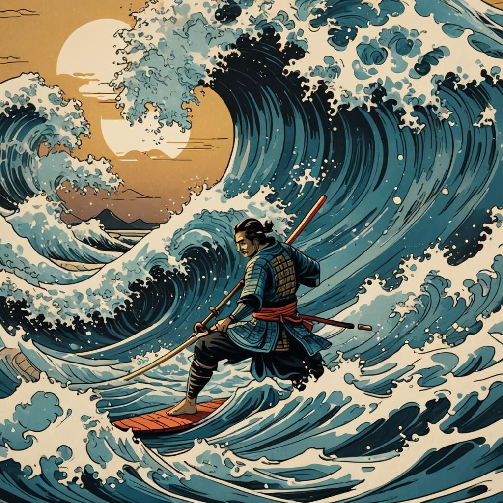 Samurai Surfing Great Wave: Ukiyo-e Woodblock Print