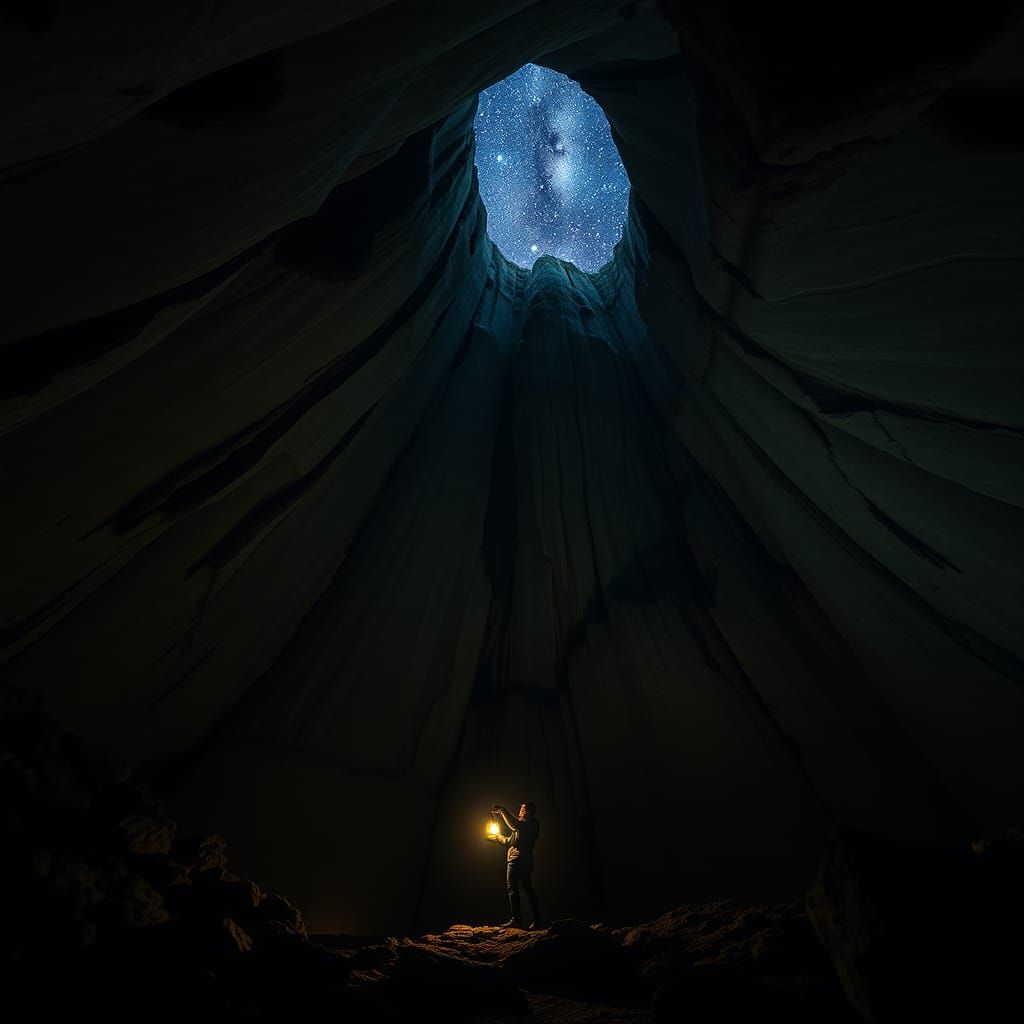 Speleologist in Infinite Cave with Starry Sky
