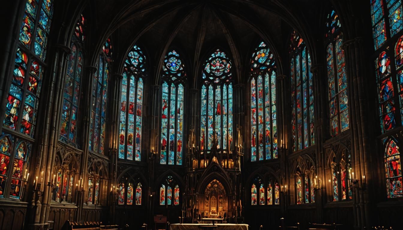 Illuminated Gothic Cathedral Interior in Film Noir Style