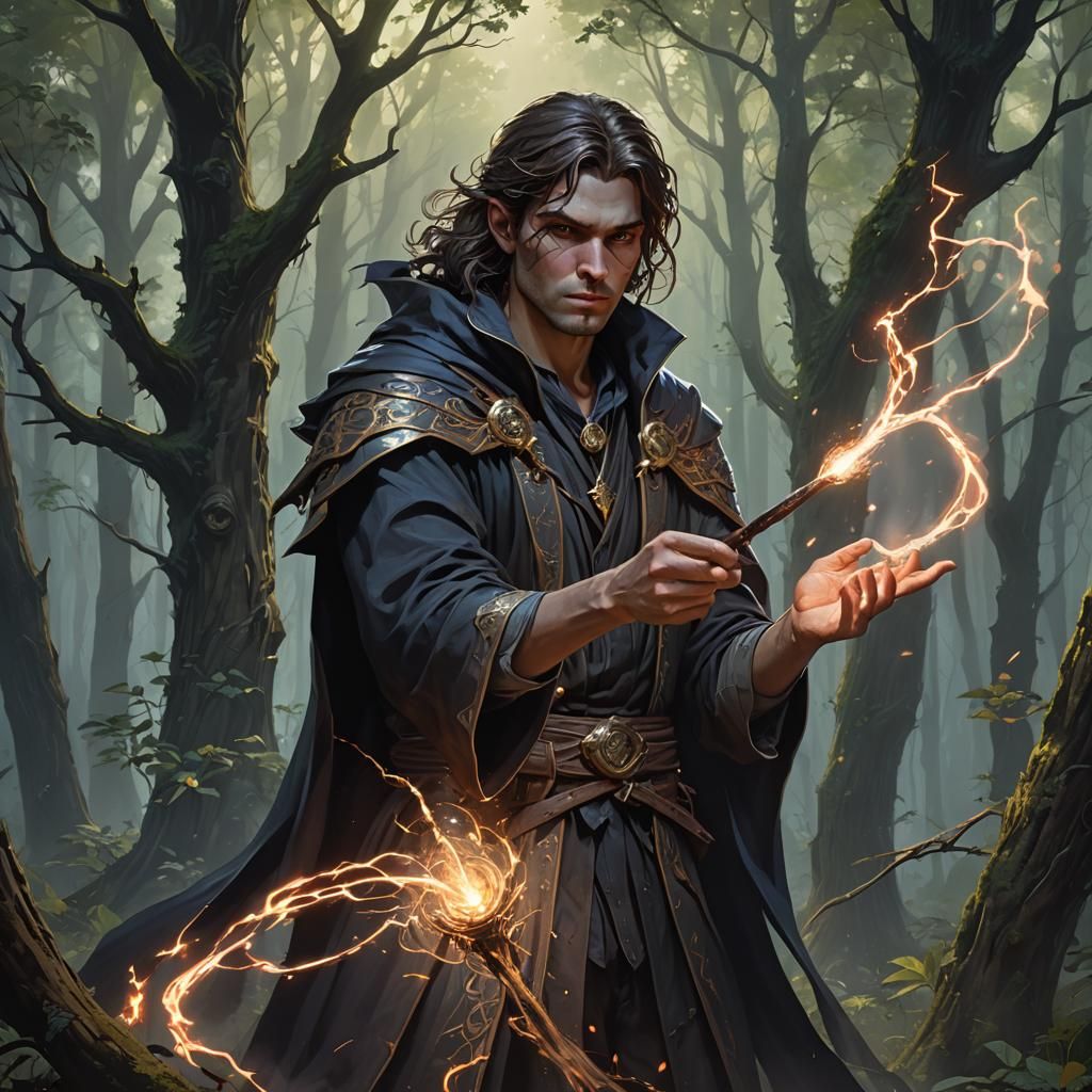 Young Warlock Casting Spell in Eerie Forest