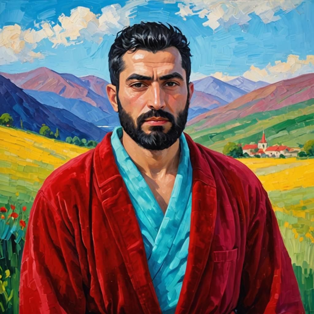 Turkish Man in Red Velvet, Impasto Gouache Oil Painting