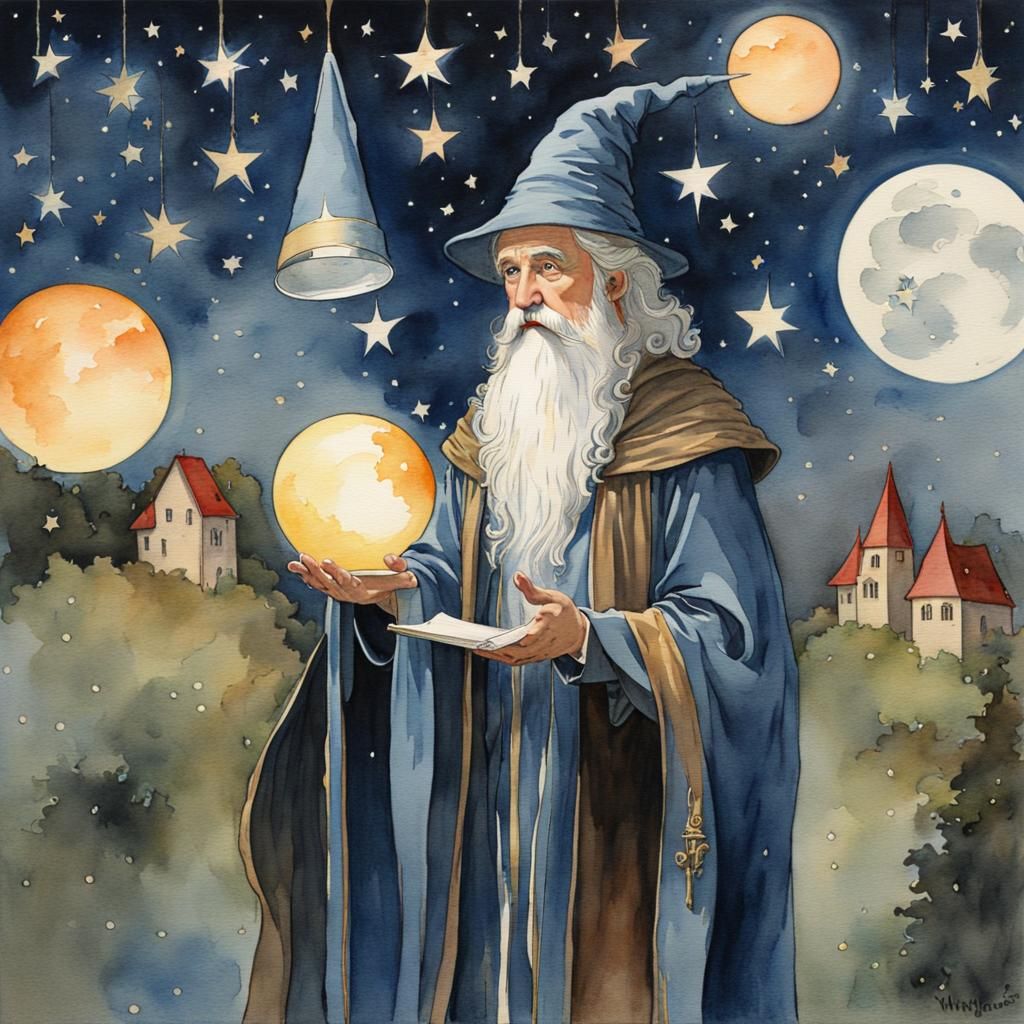 Pensive Wizard Gazing at Stars in Watercolor Style