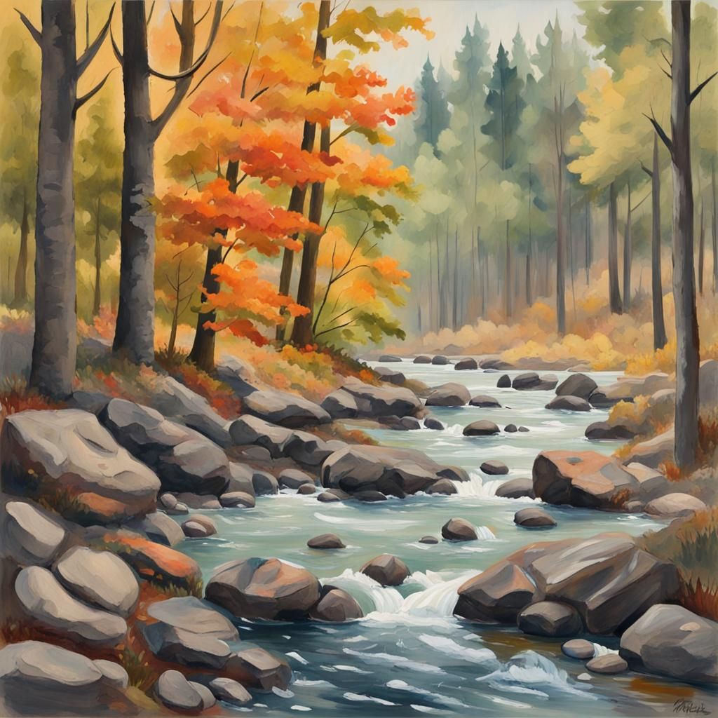 Impressionist Autumn Forest in Gouache Style