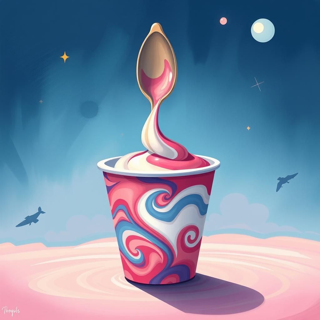 Whimsical Yogurt Cup Illustration in Jean Giraud Style