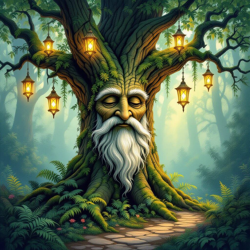 Enchanted Forest: Wise Old Tree with Lanterns