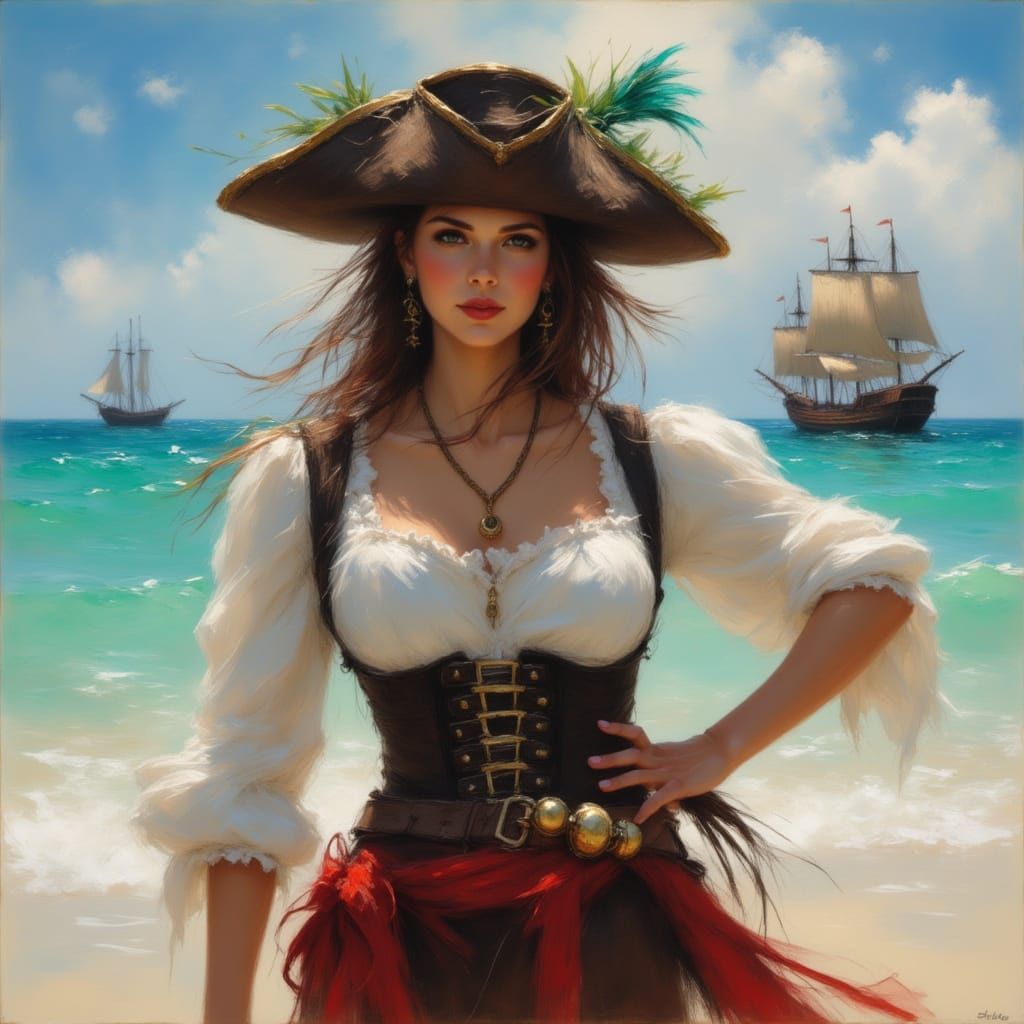 Woman Pirate Standing on a Beach