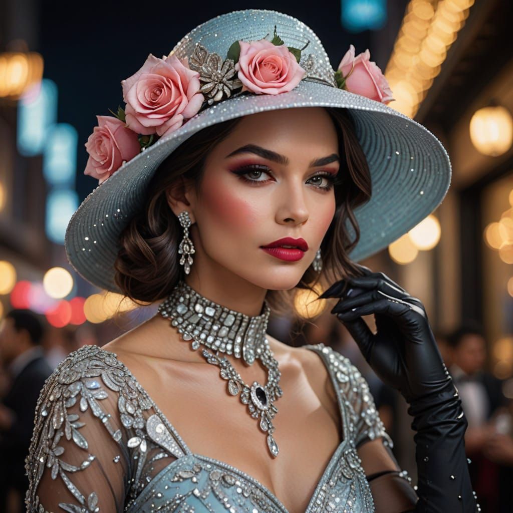 Glamorous Woman in Beaded Gown and Rose Hat