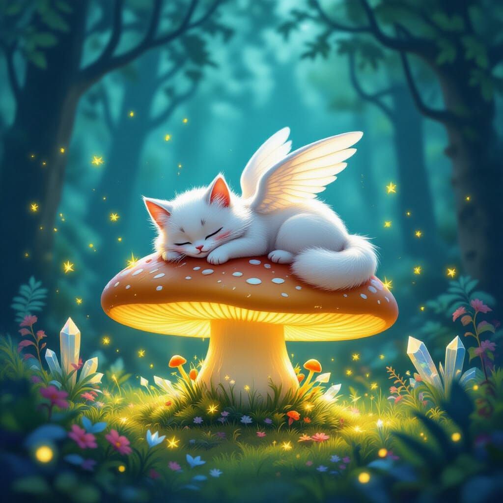 Fluffy Winged Cat Naps on Bioluminescent Mushroom