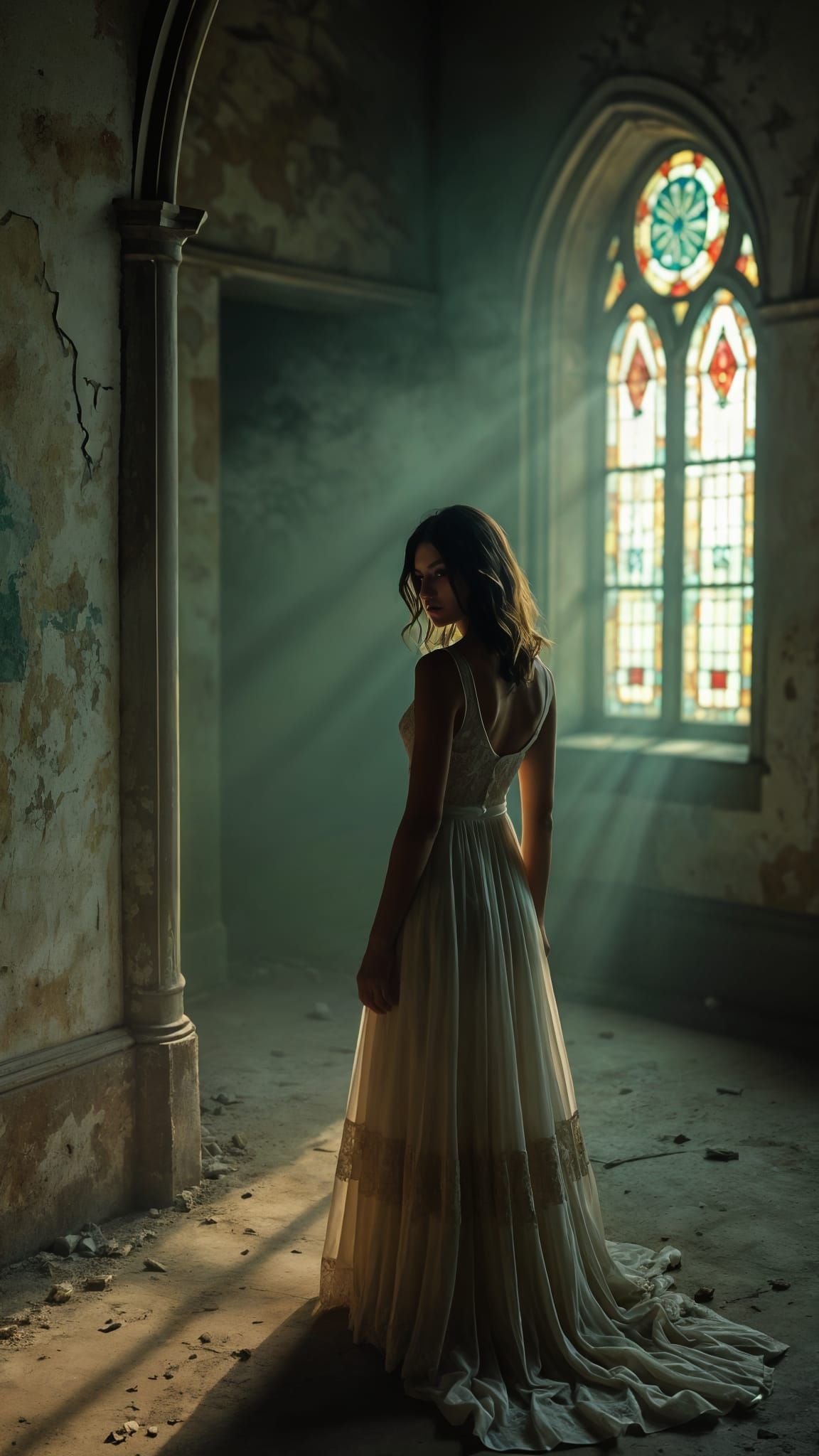 Woman in Tattered Gown in Abandoned Church