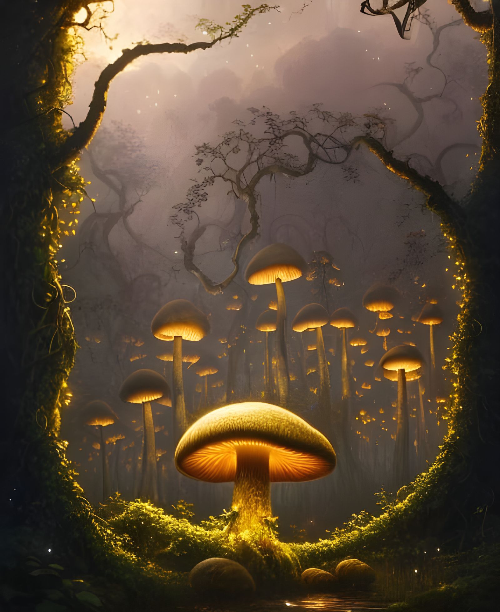 Giant Mushroom with Vines in Golden Hour Light