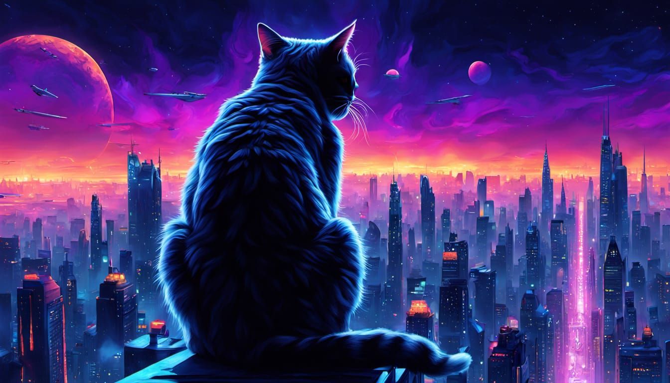 Cat on Skyscraper Edge Over Neon City with Gas Giant Sky